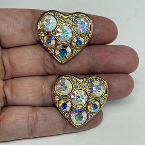 Vintage Kirks Folly Hearts Aurora Borealis AB Crystal Goldtone Clip On Earrings